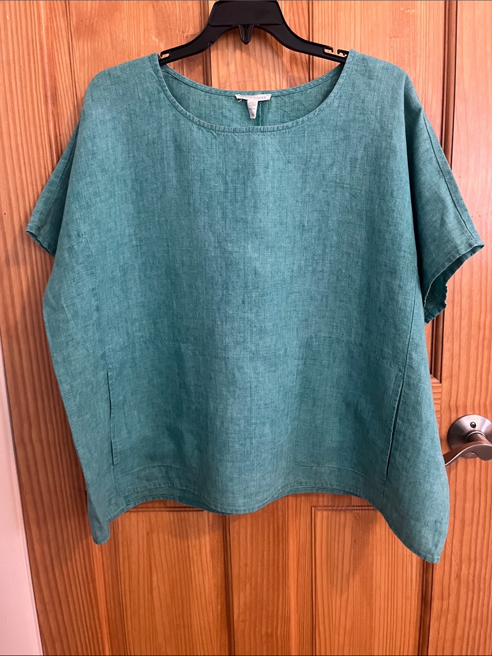 Eileen Fisher Teal Relaxed Short-Sleeve Linen Tunic